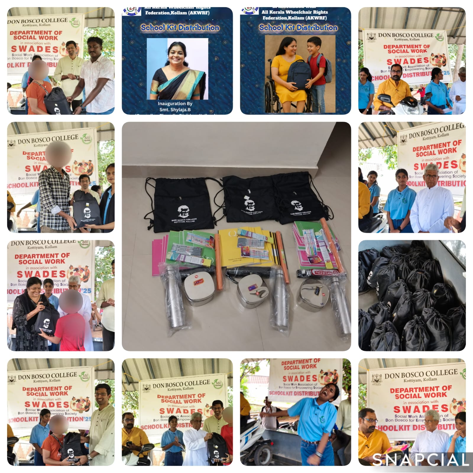 Don Bosco College in collaboration with SWADES (Social Work Association of Don Bosco for Empowering Society) and the All Kerala Wheelchair Rights Federation, Kollam (AKWR), organized a school kit distribution program